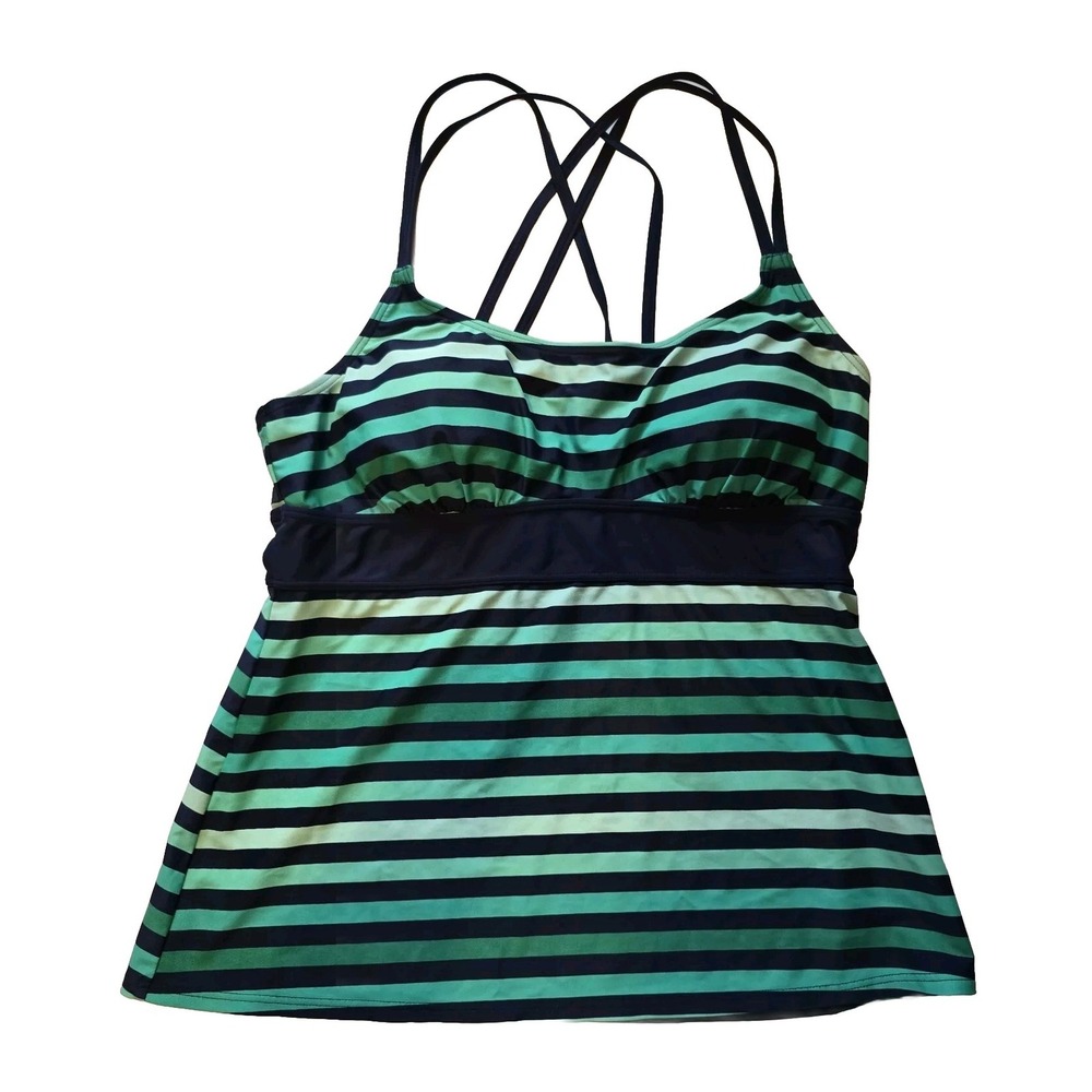 Tropical Escape Tankini Swim Top Womens 16  Navy Green Striped Padded Bra Modest